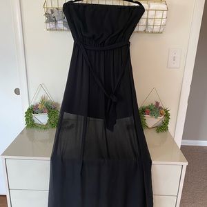 Black Strapless Maxi Dress - sheer peep through shell - size L